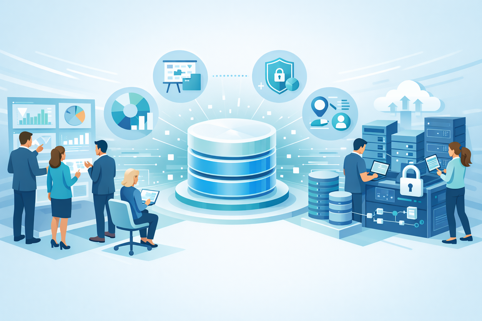 People interacting with data, servers, and cloud technology in a modern office.